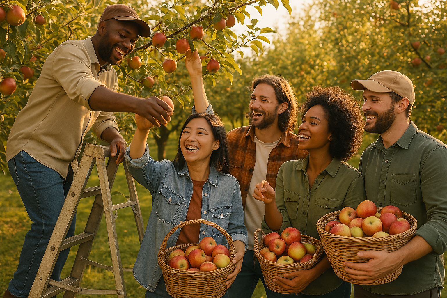 Een groep vrijwilligers die samen fruit plukken in een boomgaard